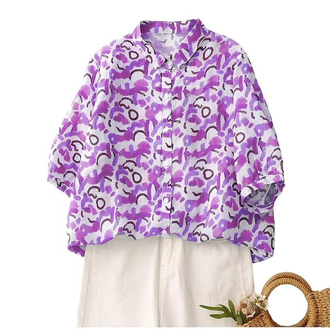 Gufrina Women’s Abstract Printed Button Down Shirt with Mandarin Collar and Above Elbow Sleeve Relaxed Fit Top