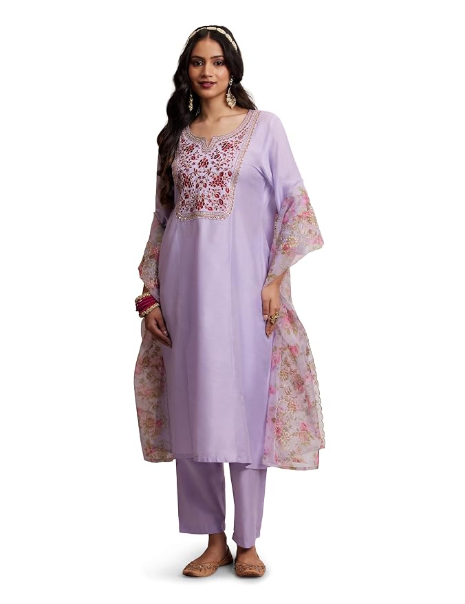 Amazon Brand - Myx Women's Kurta Pant Set with Embroidered Organza Dupatta | A-line fit (Available in Plus Sizes)