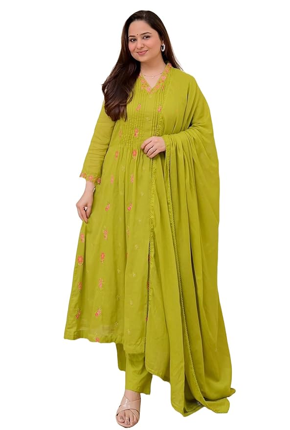 KLOSIA Women Embroidery Solid Anarkali Kurta and Pant Set with Dupatta|Silk|Regular Fit