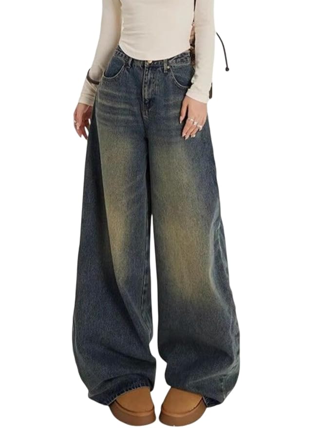 Women Wide Leg Baggy Jeans High Waist Relaxed Fit Denim Casual Wear