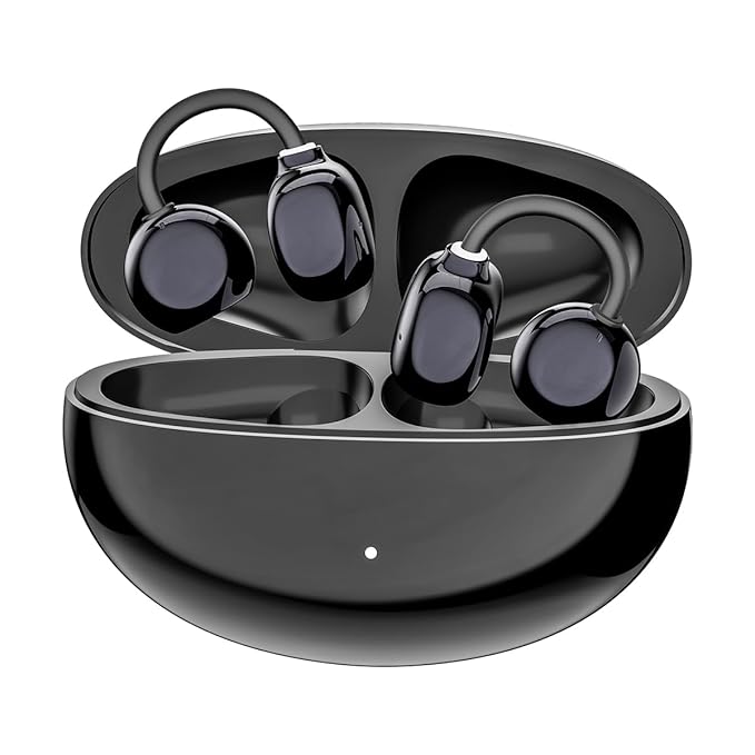 pTron Bassbuds Verse Clips Wireless Open Ear Earbuds w/SafeBeats Tech, 50Hrs Playtime, Dual HD Mics, TruTalk AI-ENC, Custom EQ, Mobile App, Pristine Sound, BTv6.0 Earclips, Type C Charging (Jet Black)