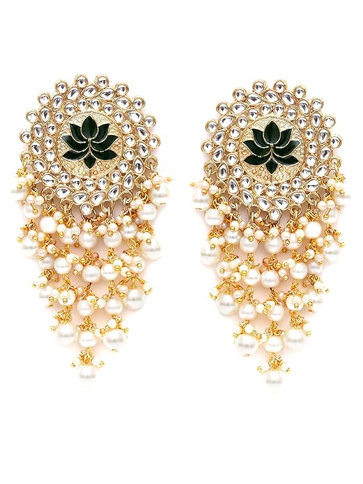 Karatcart Gold Plated Green Meena Pearl Beads Kundan Dangler Earrings for Women