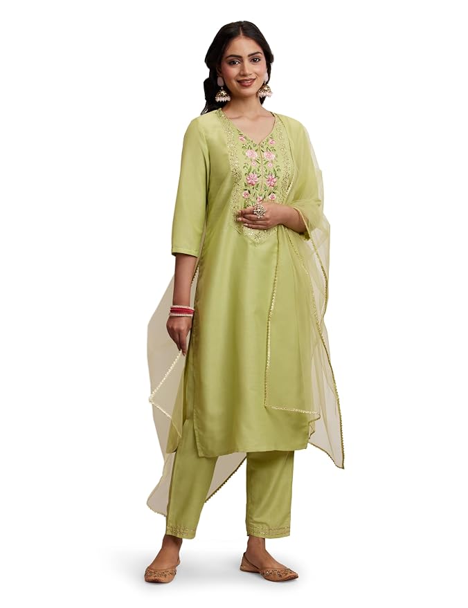Amazon Brand - Myx Women's Embroidered Kurta Pant Set with Dupatta (Available in Plus Sizes)