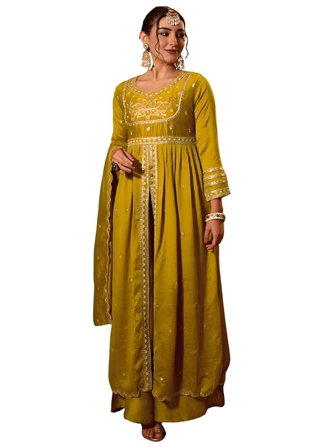 Naixa Women's Vichitra Silk Siquinned Embroidered Flared Kurta with Pant and Dupatta Sets (NX-786)