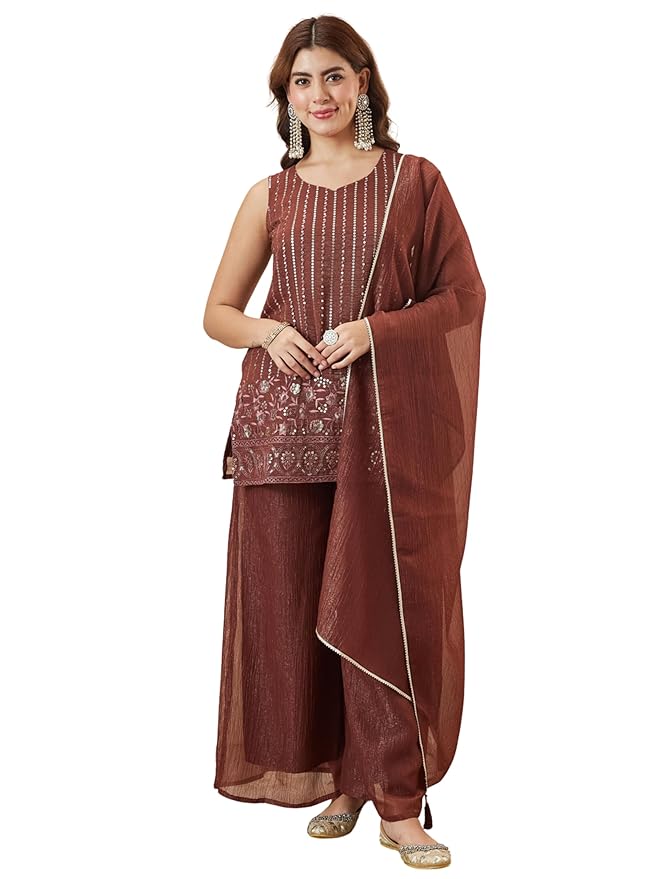 MOKOSH Silk Short Sleeveless Kurta, Sharara Set with Matching Dupatta | Ethnic Sharara Suit Set for Haldi and Wedding