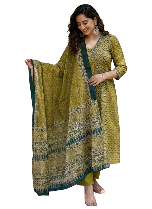 ANNI Designer Women's Viscose Printed A-Line Kurta Set with Pant and Dupatta | Green Ethnic Wear | V-Neck | 3/4 Sleeve Indian Traditional Outfit for Women