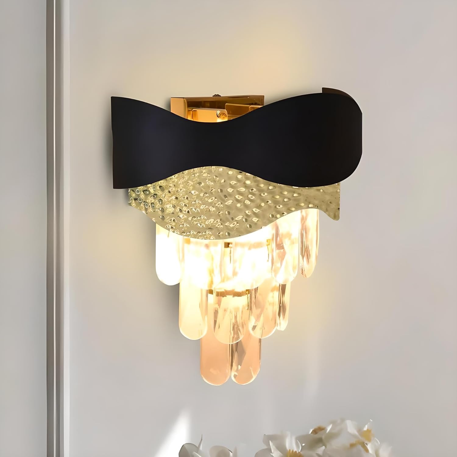 Smartway® Vegant 10W Modern Crystal Wall Light | Luxury Black & Gold Decorative LED Wall Lamp | Three Color Light Mode | Bedside Wall Light for Living Room & Bedroom