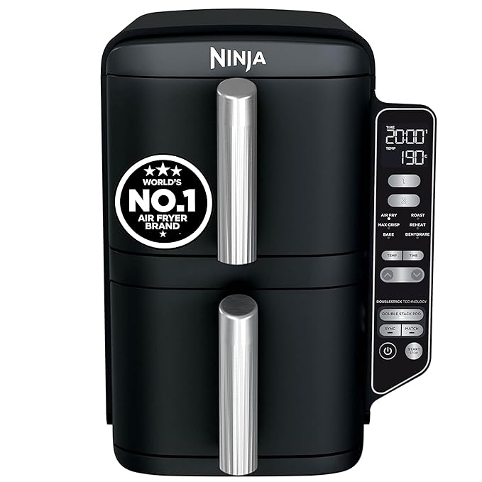 Ninja Double Stack Dual Zone Digital Air Fryer SL300IN | 2470W| Cook 4 Foods at Once |7.6L Family Size Vertical Design | 6 Cooking Functions | Oil-Free Fryer | Black