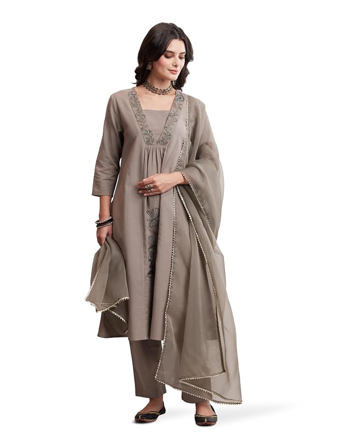 Amazon Brand - Myx Women's Embroidered Kurta Set With Dupatta | Cotton Blend (Available In Plus Sizes)
