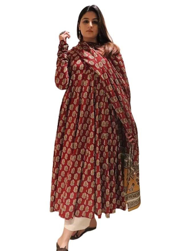 Klosia Women Printed Anarkali Kurta and Pant Set with Dupatta | Printed Kurta Set | Viscose Kurta Set | Women Kurta Set | Summer Suit Set |
