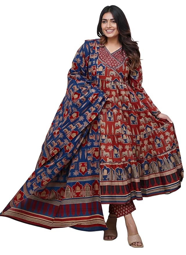 Leriya Fashion Kurta Sets for Woman | Printed Jaipuri Ajrakh Kurta Set With Dupatta for Women | Kurti Set for Woman | Anarkali Suit for Women | Traditional Anarkali Salwar Suit for Party Outfits Kurtis