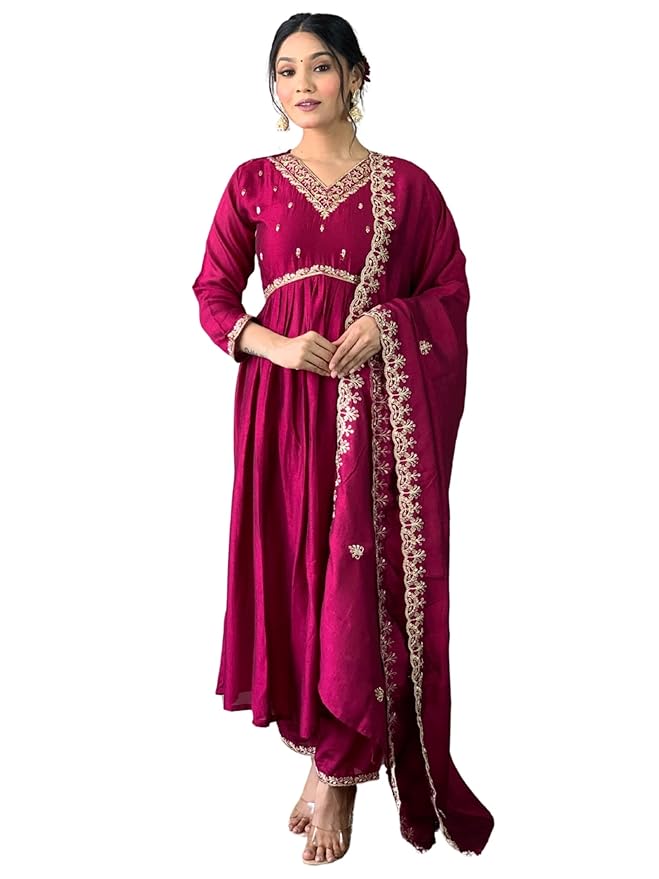 Naixa Women's Vichitra Silk Embroidered Flared Kurta with Pant and Dupatta Sets (S-Sameera)