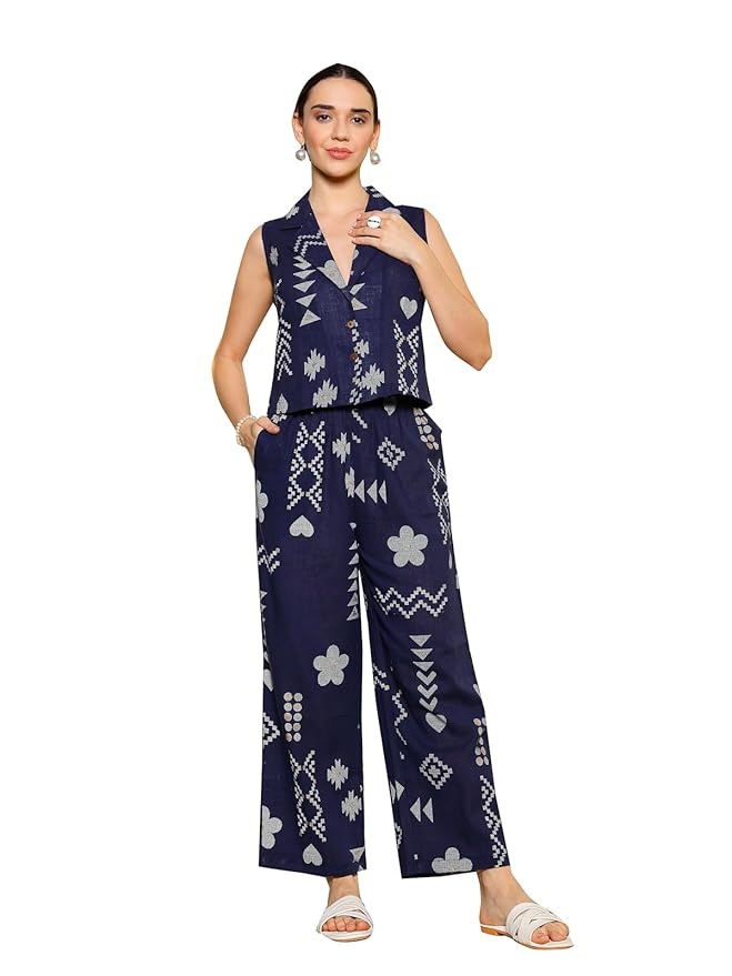 Stylum Women's Geomatric Printed Rayon Slub Short Kurti Pant Sets