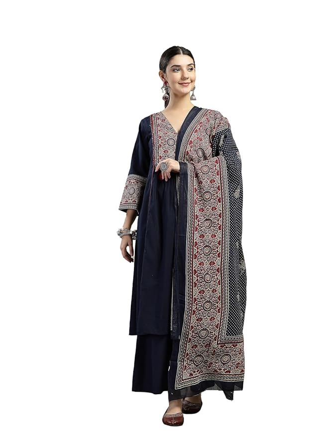 Stylum Women's Ajrakh Printed Cotton A-Line Kurta Pant Dupatta Set