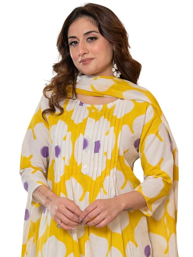 Arayna Women’s Cotton Floral Printed Kurta Set with Pants & Dupatta – A-Line Fit, 3/4 Sleeve | Vibrant Ethnic Wear
