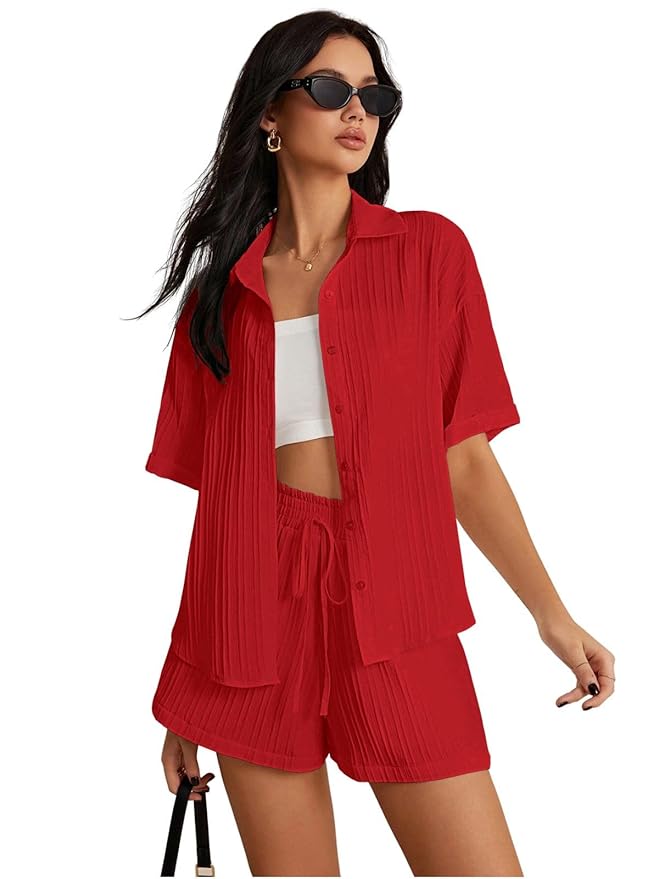 Leriya Fashion Co-ord Set for Women Stylish Solid Poly Lycra Cotton | Textured Pyjama Set For Woman Travel Beach & Holiday Look | Oversized Loose Fit Trendy Top & Shorts for Summer Day Vacation