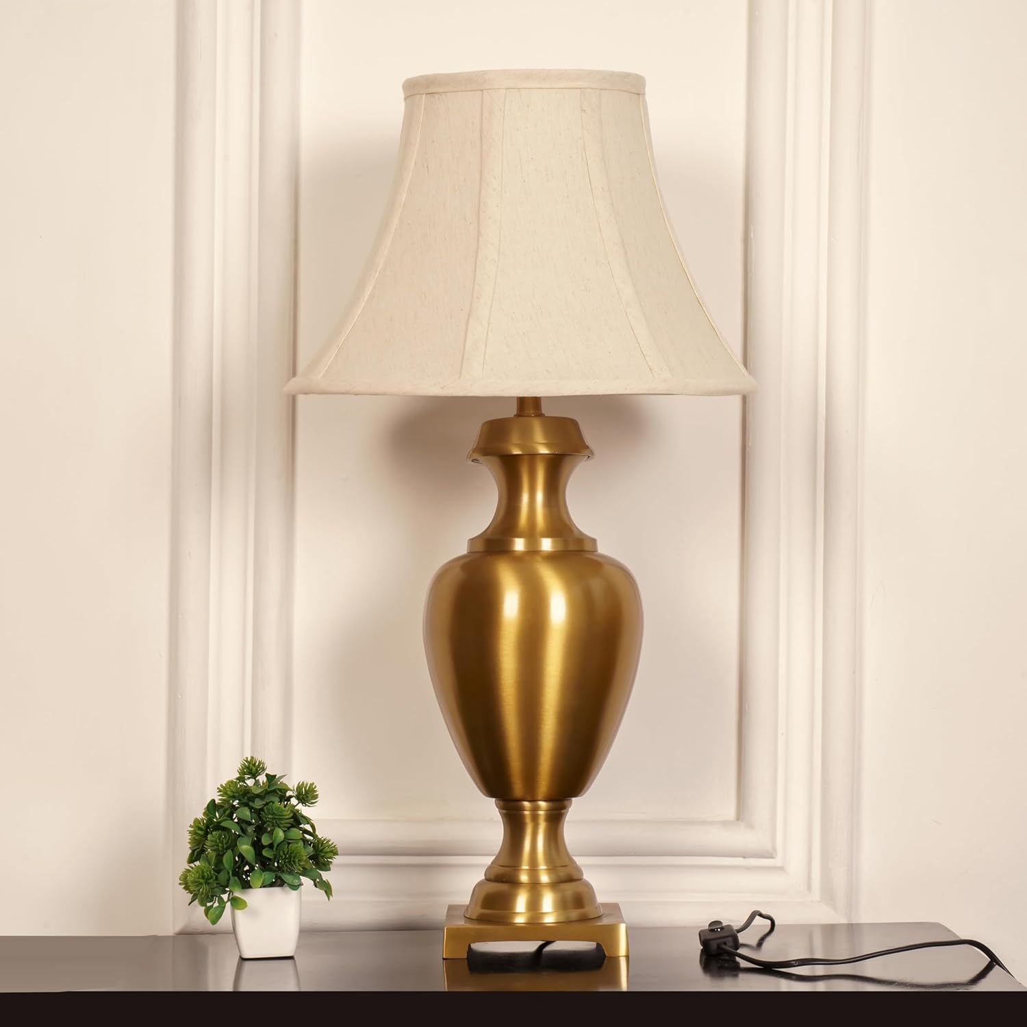 Divine Trends Royal Brass Antique Finish Gold Trophy Table Lamp with Off White 14 Inches Lampshade for Living Room, Bedroom, Home Decoration, Hotel Pack of 1 - Led Bulb Included (Bell Shade)