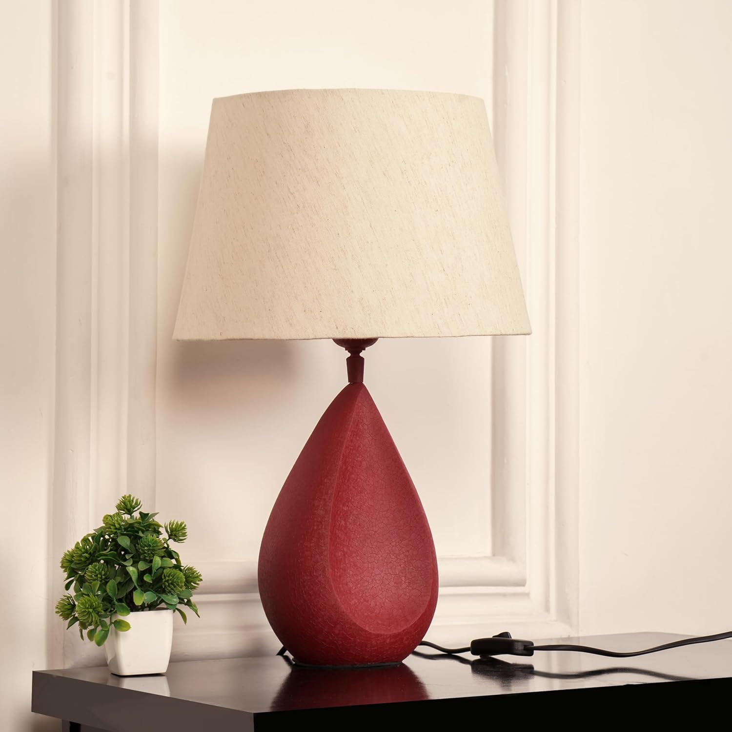 Divine Trends Drop Red Textured Table LED Lamp 19 inches Height with Off White 12 inches Diameter Lampshade for Bedside, Bedroom, Living Room, Home Decoration, Hotel Pack of 1