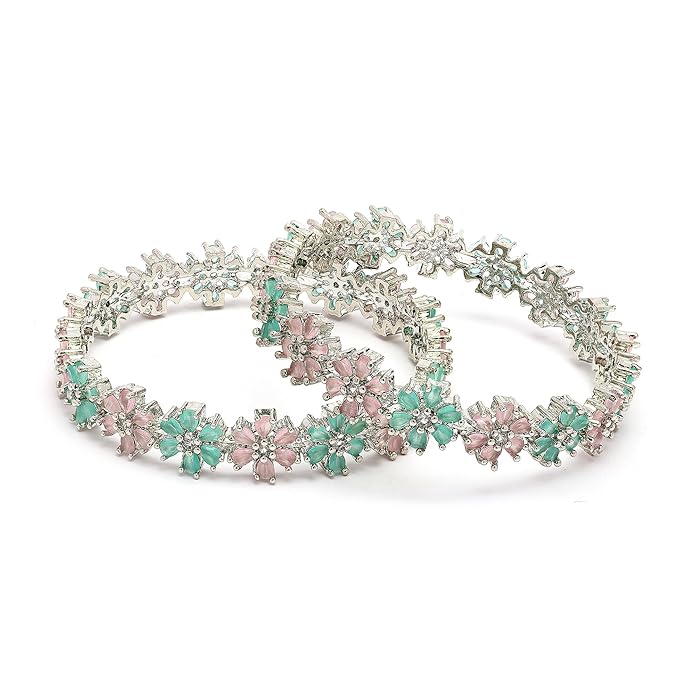 ZENEME Rhodium Plated Silver Toned Floral Shaped American Diamond Studded Bangles Set Of 2 For Women & Girls