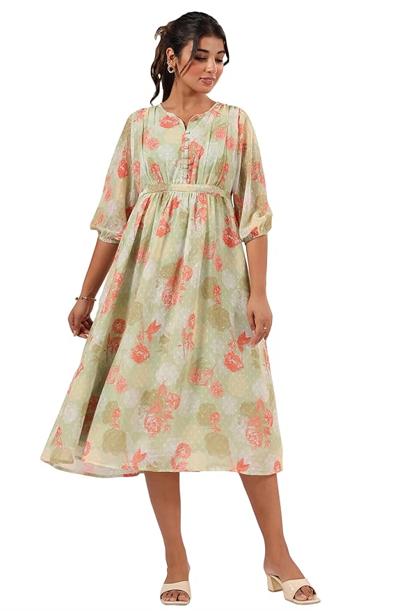 Janasya Women's Georgette Floral Printed Flared Dress