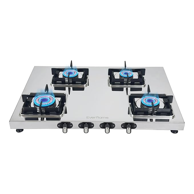 Everflame Prime Gas Stove| 4 Burner Stainless Steel Stove | Manual Ignition | LPG Stove | Gas-Saver | (1.2MM)-Thick SS Body | Brass Burner | ISI Certified | 2 Years Product Warranty + Doorstep Service