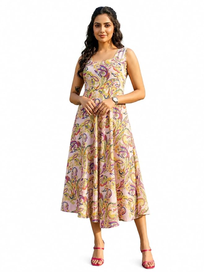 Yash Gallery Women's Chiffon Printed Square Neck Sleeveless Anarkali Maxi Dress