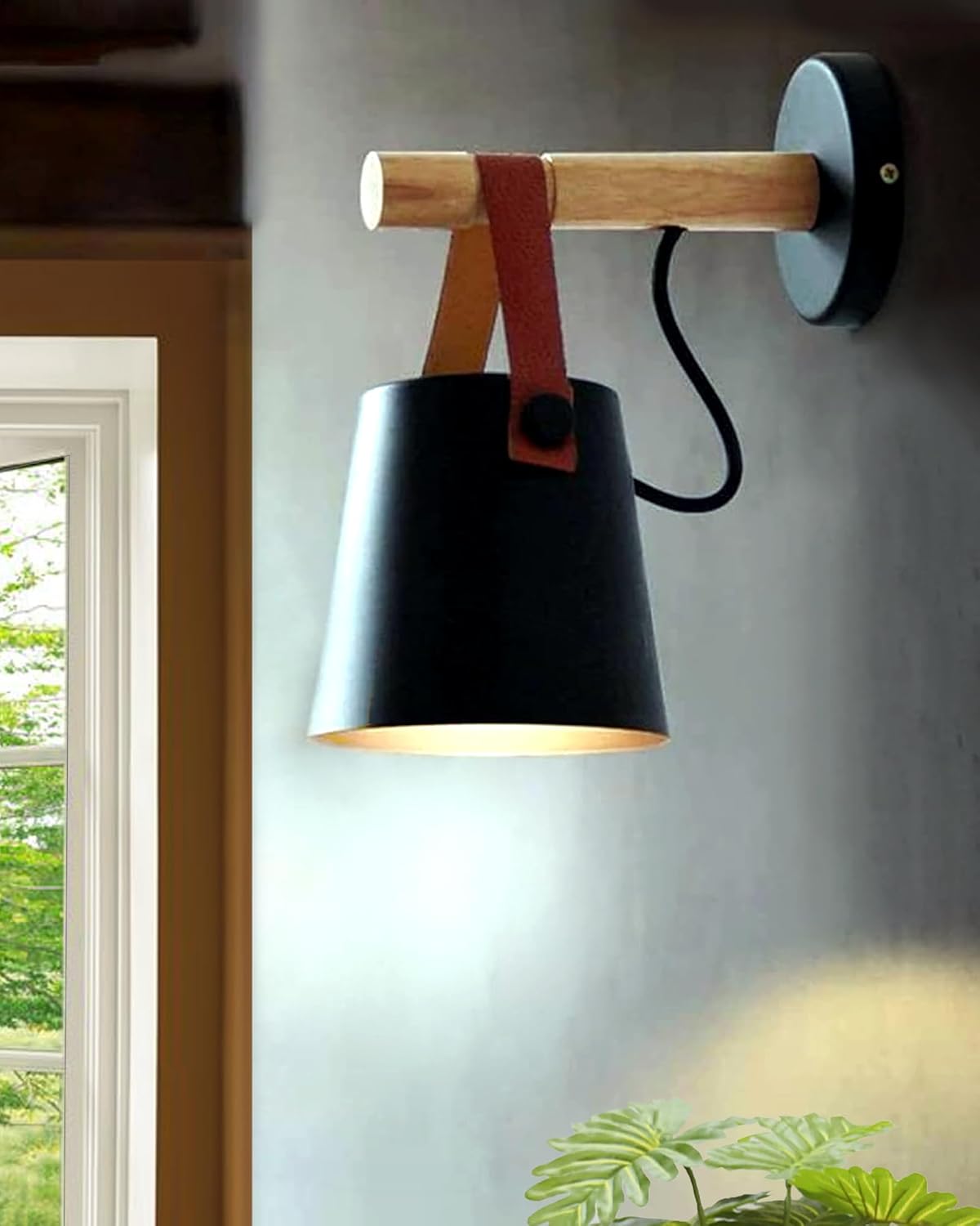 Homesake® Nordic Wall Sconce Lamp Wooden Lighting Fixture E27 Metal Lampshade Leather Belt Decorative Wall Light for Home Bedroom Bedside Aisle Restaurant, (Black)