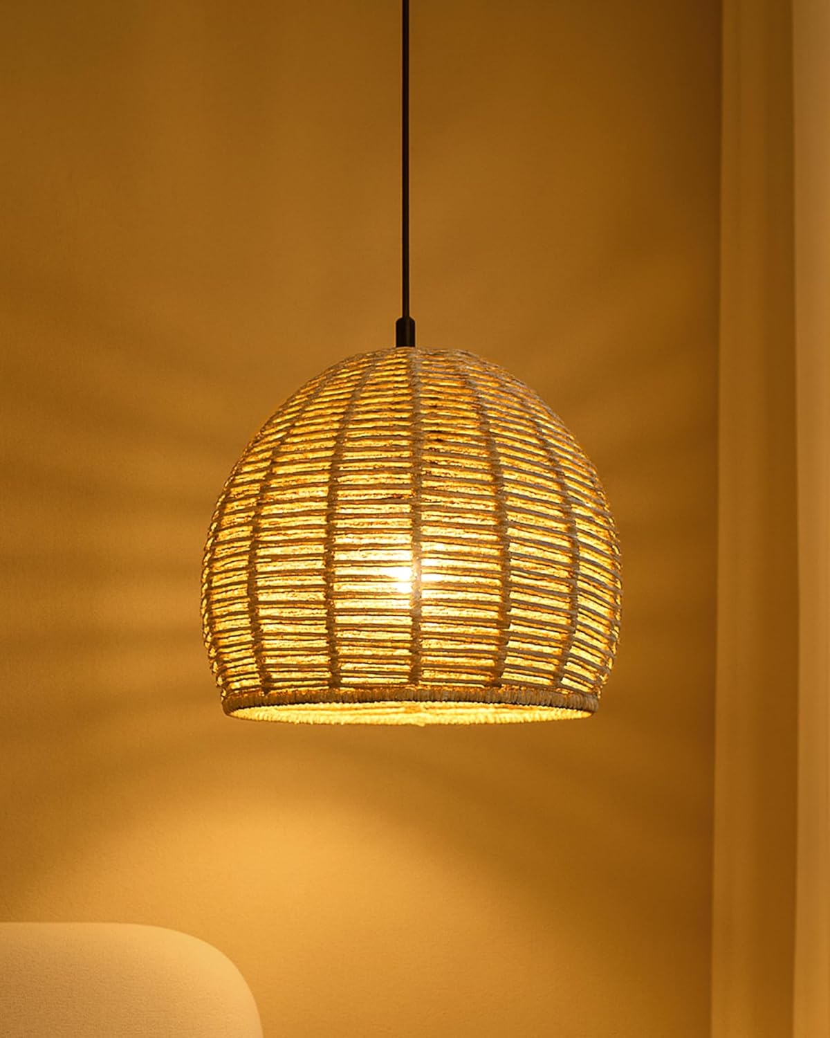 Homesake® Seagrass Chandelier Hanging Lamp Natural Rattan Weaving Single Light Fixture Rustic Ceiling Pendant Light for Kitchen Dining, Living Room Restaurants, Bars, Livra Collection, (Round)