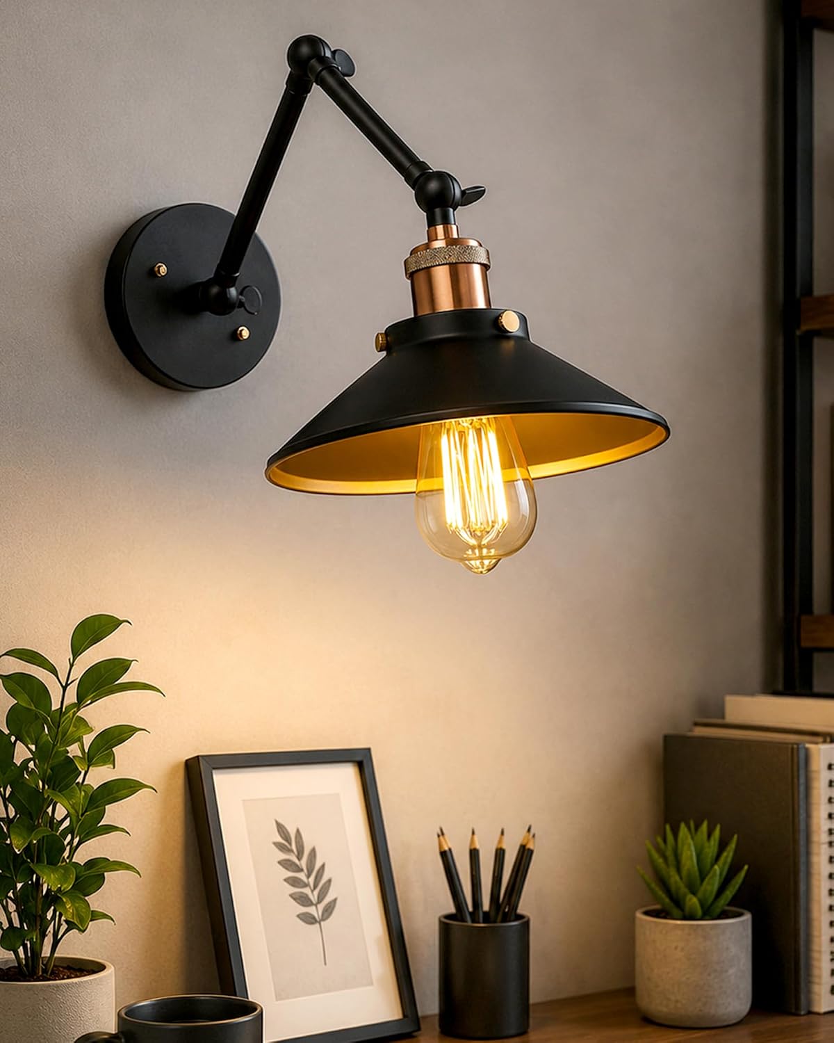 Homesake® Edison Black 360 Cone Shade, Wall Lamp, Vintage Industrial Loft, E27 Holder, Decorative, Swing Wall Light, Triple Movement, Rose Gold
