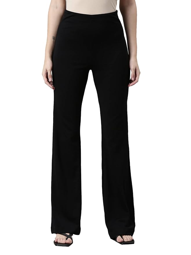 GO COLORS Soft Cotton Stretch Flared Pant Full Length for Women| Breathable, High Rise