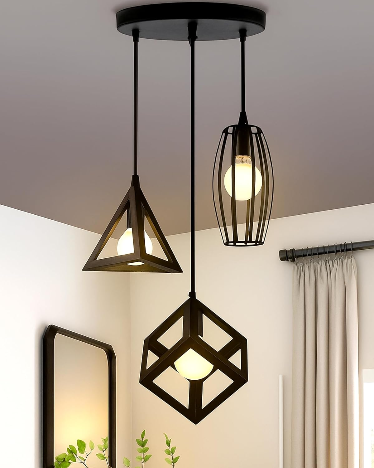 Homesake ® Chandelier Pendant Light, Retro Industrial Style Nordic Iron Hanging Ceiling Lamp Creative Bar Counter Decoration Restaurant Black Lighting, Cube, Triangle, Oval