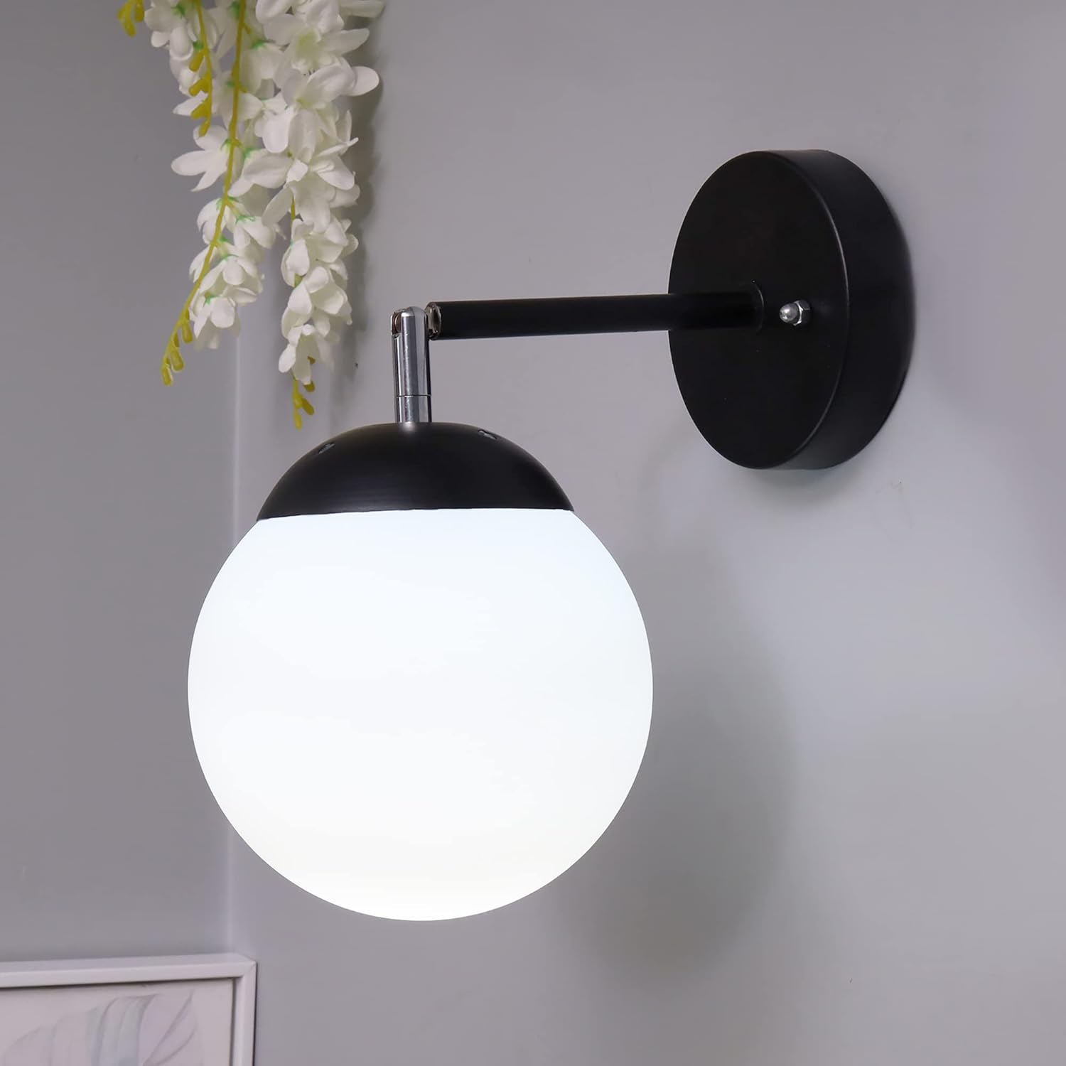 Homesake® Modern Glass Wall Lamp, Wall Mounted Sconces,Mid-Century Bedroom Bedside 180 Degree Movement Light Matt Black, Single Globe
