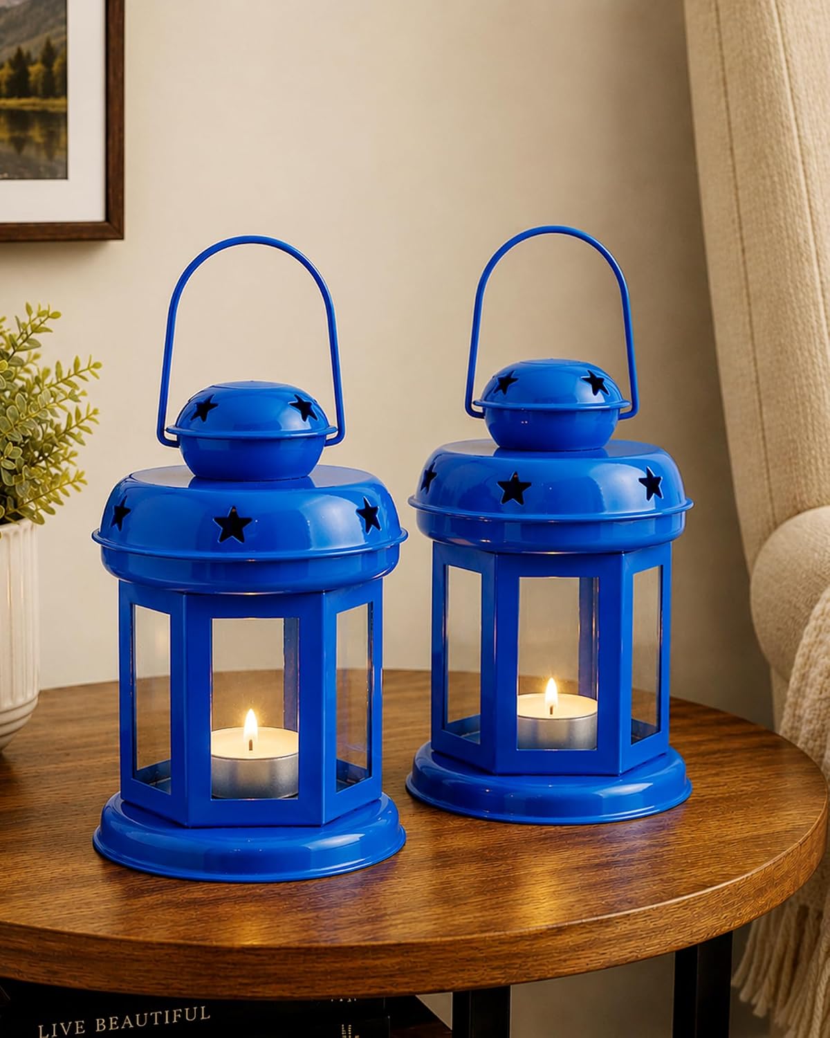 Homesake® Star Light Decorative Metal Lantern Indoor/Outdoor Hanging Lantern | Set of 2 Designer Candle Tealight Holder | Festive Decor | Diwali Decoration for Home, Blue