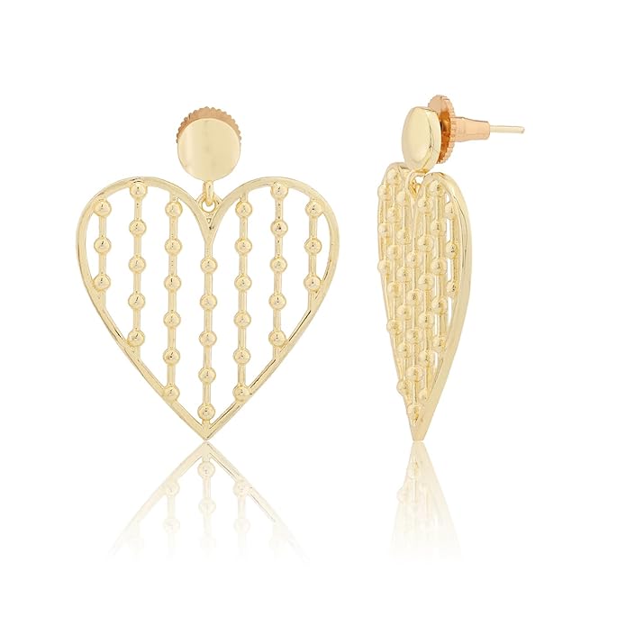 Voylla Golden Lattice Heart Earrings Gold Plated Earrings for Women Designer Love Women's Day Gift for Her Girlfriend Wife Anniversary Birthday Jewellery