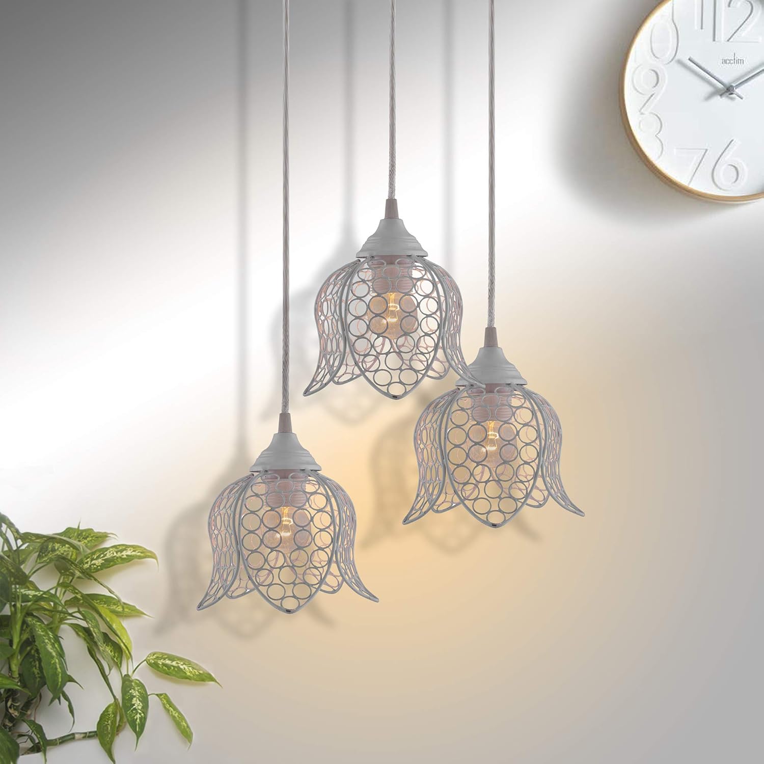 Homesake®3-Lights Round Cluster Chandelier White Lotus Hanging Pendant Light with Braided Cord