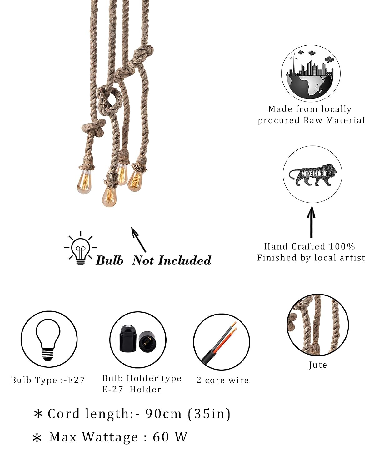 Homesake® Hanging Rustic Rope Chandelier Hanging Ceiling Light for, Dining Room,Bar,Restraunt, Cafe