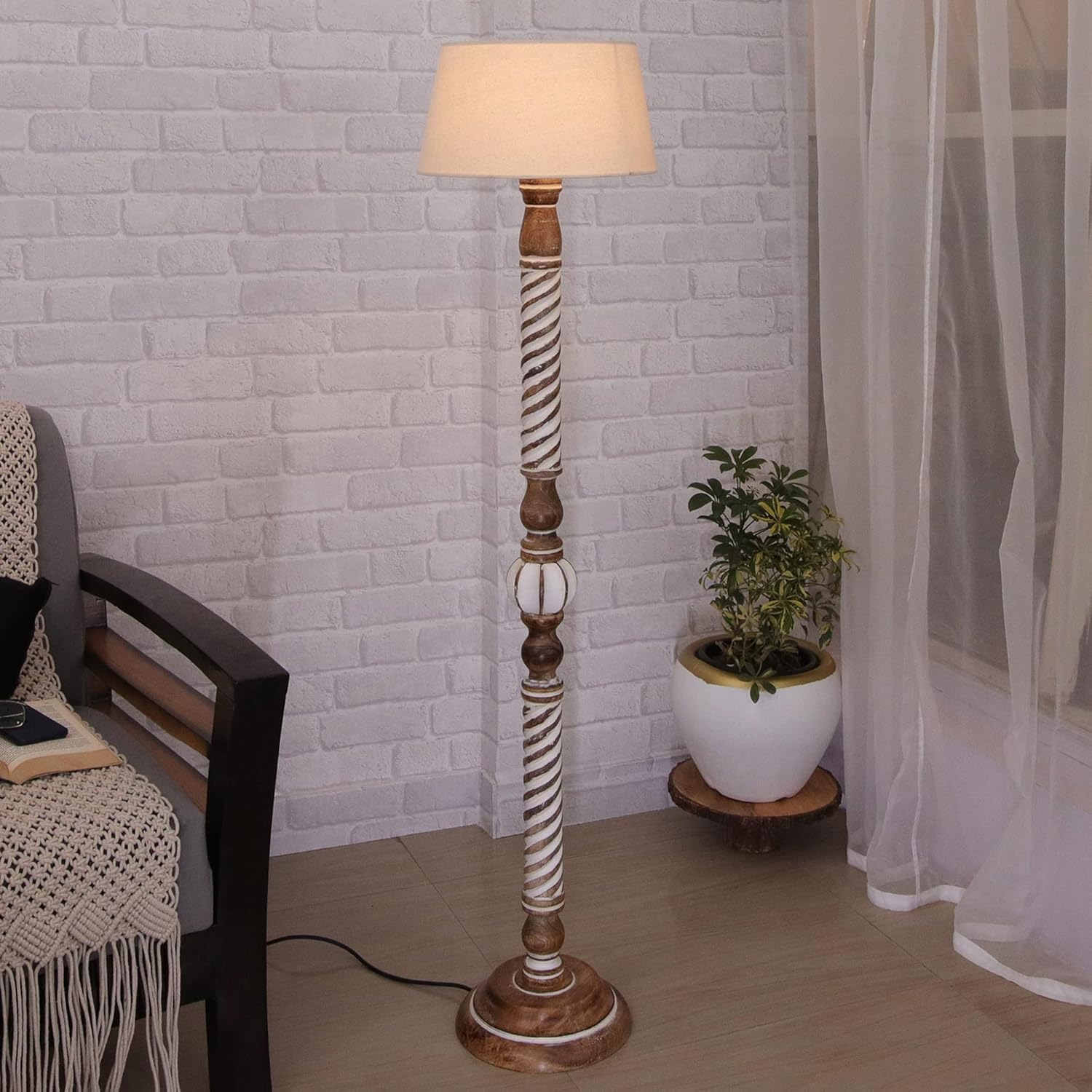 Homesake® Antique Wooden Floor Lamp for Living Room | Standing lamp | Corner Lamp for Living Room | Side Lamp for Bedroom | Night Ligh Decoration (Twister Beige)