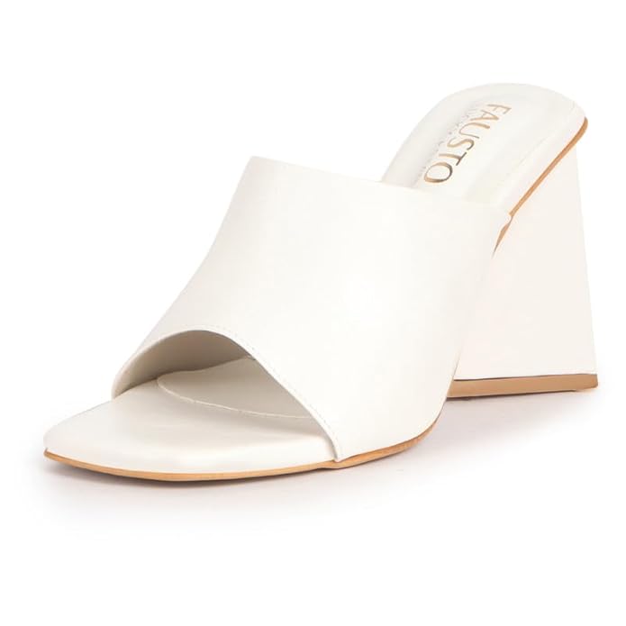 FAUSTO Women Open Square Toe Cone Block Heel Formal Slip On Sandals with Wide Vamp Strap | Elegant Slip-On 4 Inch Heel Sandals For Office, Work, Party