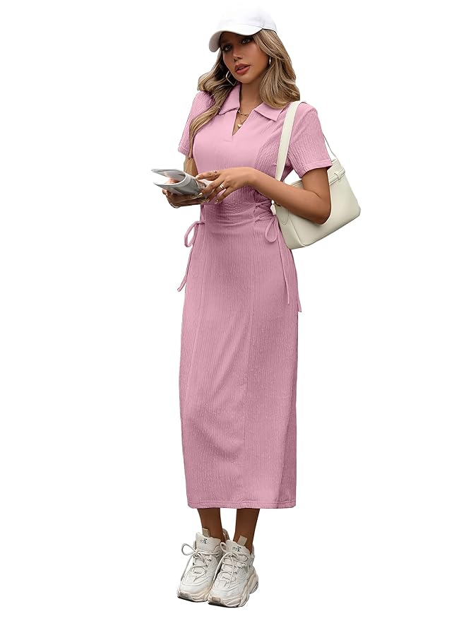 Shasmi Women’s Solid Color Applique Lace-Up Collared Short Sleeve, Side-Tie Waist Long Casual Maxi Women Dress Outfit Long Evening Midi Western Party Dress for Women (Dress 211)