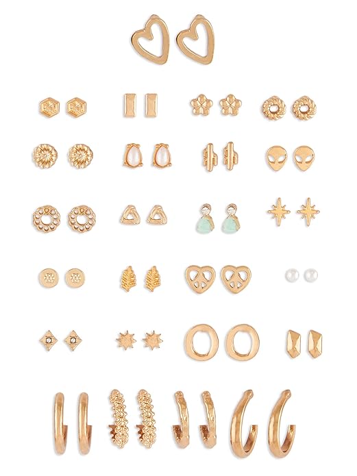 Zaveri Pearls Set of 25 Gold Tone Classy Contemporary Studs & Hoop Earrings For Women-ZPFK14642