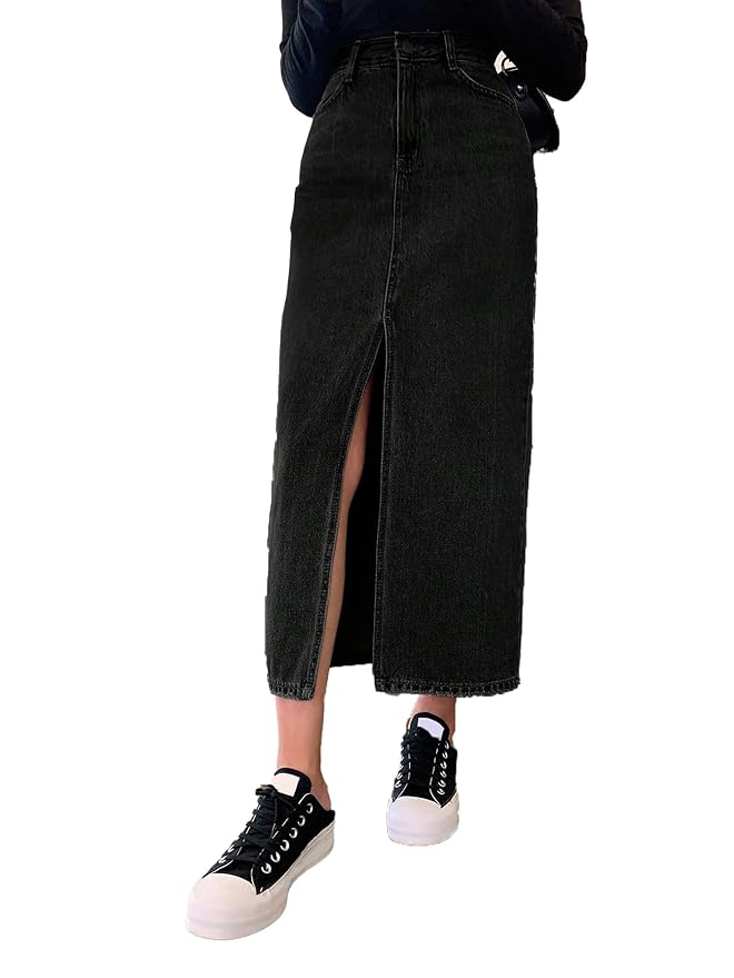 KOTTY Women's High Waist Denim Maxi Skirt with Front Slit | Stylish Long Jean Skirt for Women | Trendy Straight Fit Casual Wear