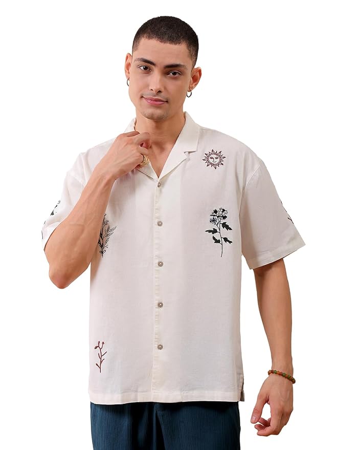 The Indian Garage Co Men Relaxed Fit Placement Embroidered Half Sleeves Cuban Collar Resort Wear Shirt