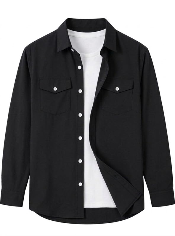 DEELMO Men Solid Slim Fit Casual Overshirt Style Shirt | Full Sleeve Button-Down Layering Shirt Smart Casual Look
