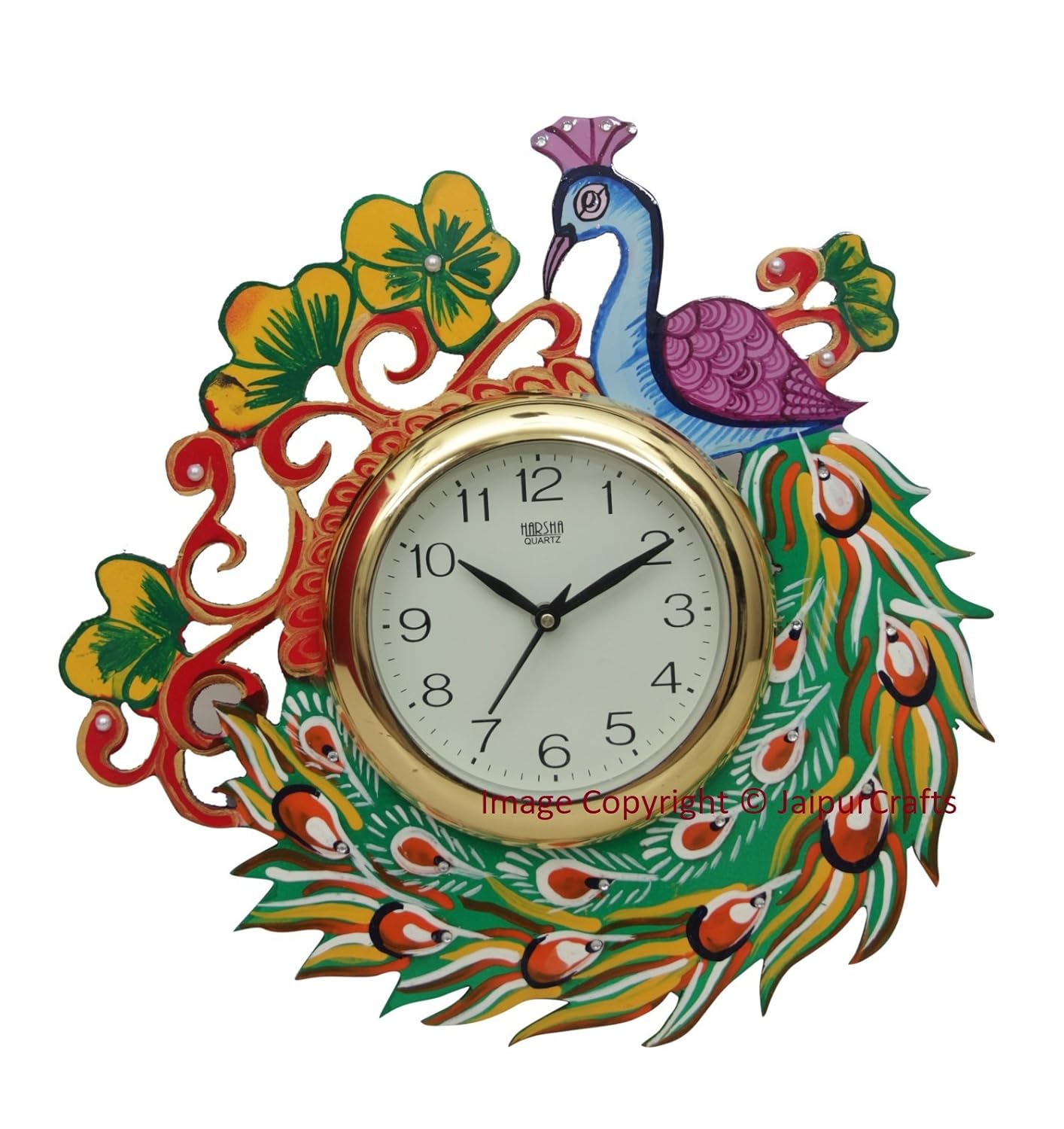 JaipurCrafts Designer Kundan Studded and Meenakari Stylish Beautiful Wooden, Peacock Emboss Painting Wall Clock| Clock for Home | Wall Clock for Kitchen