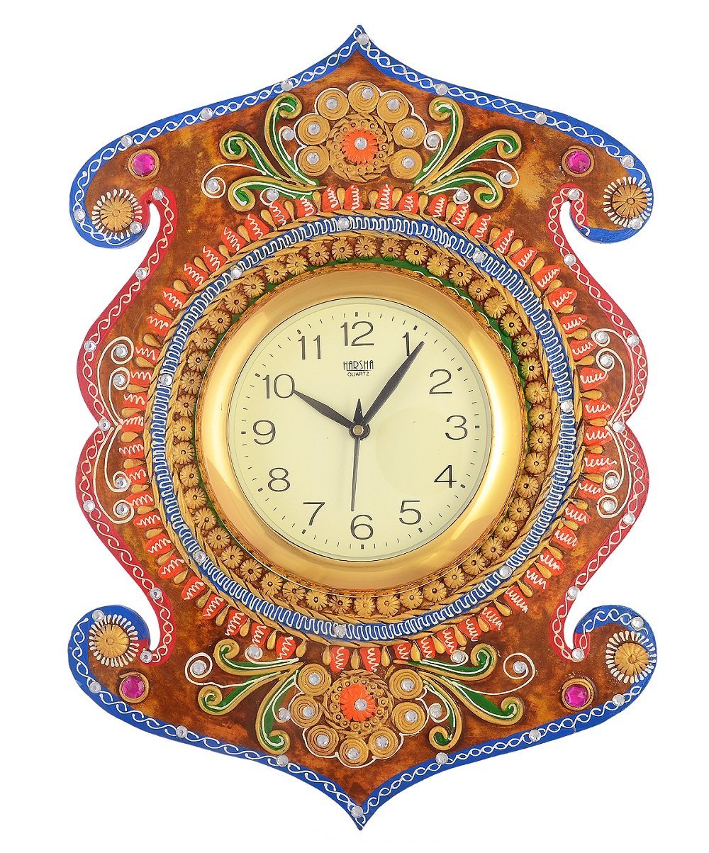 JaipurCrafts Wood Handcrafted Kundan Studded Wall Clock (Multicolour, 11.8 Inch X 0.4 Inch X 16.9 Inch)