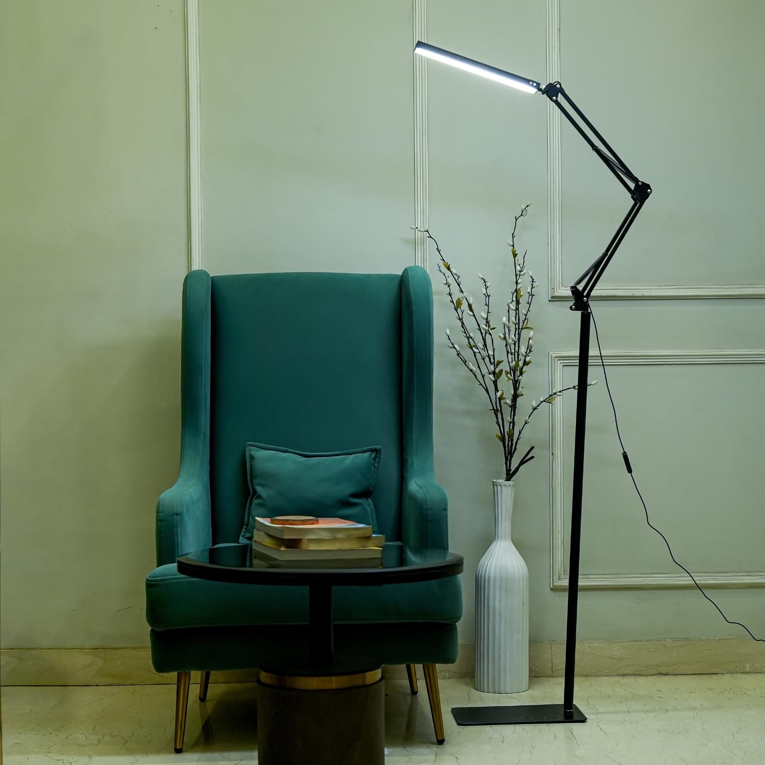 NYRWANA Adjustable LED Floor Lamp for Living Room | Swing Arm Desk Light with Stable Metal Base | 3-Level Color Control LED | Eye-Care Work Lamp for Home, Office, Craft & Study (Black)
