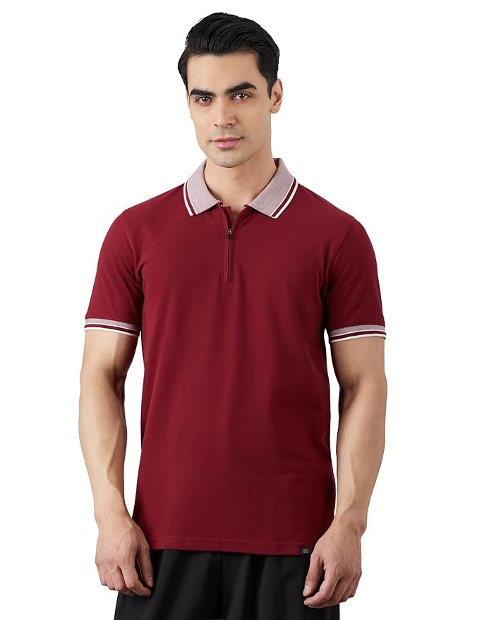 Amazon Brand - Symbol Men's Cotton Rich Solid Zipper Polo Collar Tshirts | Half Sleeves | Plain-Regular Fit (Available in Plus Sizes)