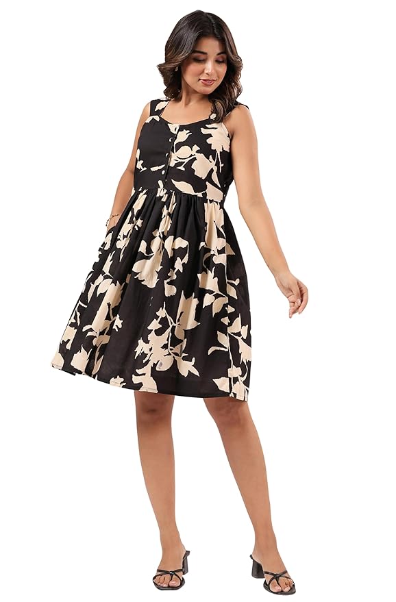 Janasya Women's Black & Cream Pure Cotton Floral Printed Fit & Flare Dress