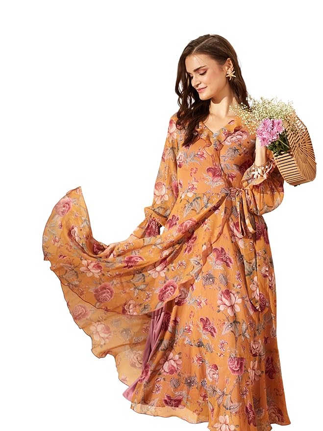 Miss Chase Women’s Bohemian Ruffled Tie-Up Midi Chiffon Dress