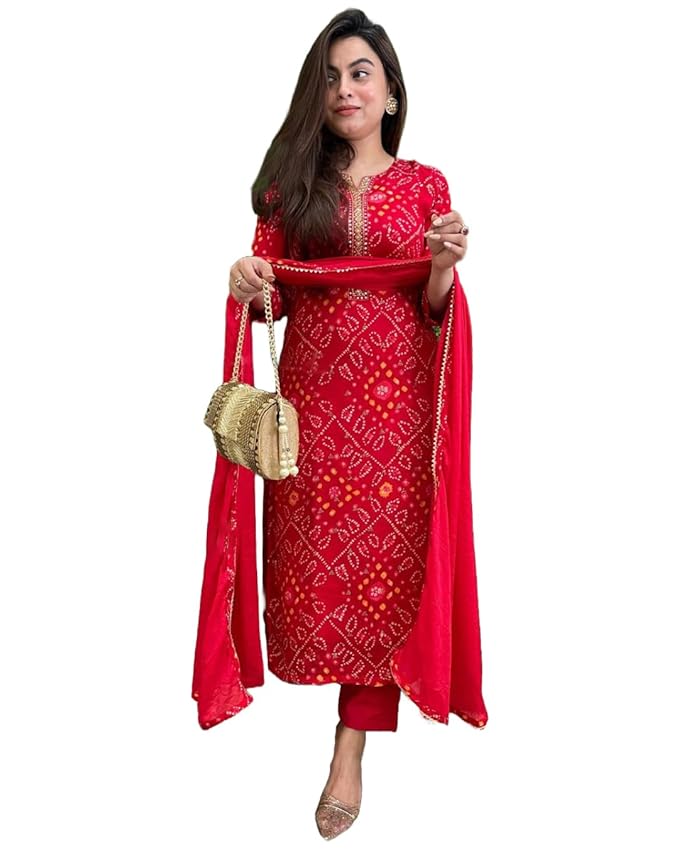 GoSriKi Viscose Printed Straight Kurta with Pant and Dupatta for Women | Viscose Wine | 3/4 Sleeve | Round Neck V-Slit | Ethnic Wear Casual Wear